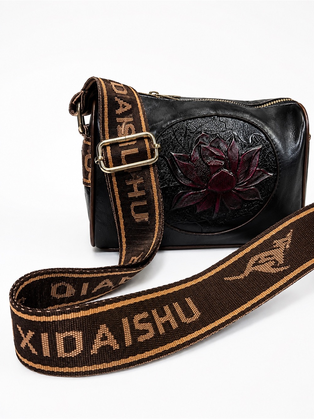 Embossed Lotus Floral Crossbody Bag Black Wide Strap Boho Wearable Art Purse - Picture 3 of 9